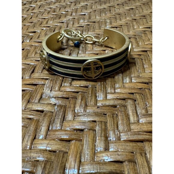 Vintage 80's Open Cuff Nautical Bracelet Gold Tone And Bluem Enamel - Picture 2 of 12